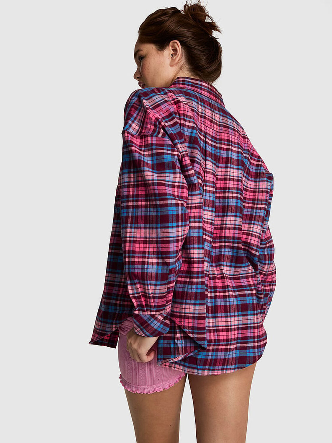 vs Pink 100% Cotton Favorite Flannel Button-Down Sleepshirt Wild Rose Plaid 2 of 4 