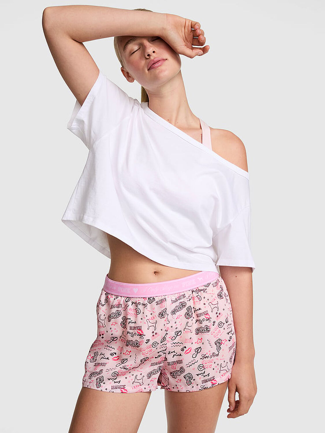 vs Pink Silky Sleep Boxy Pajama Shorts Pink Tulip Doodle 1 of 3 