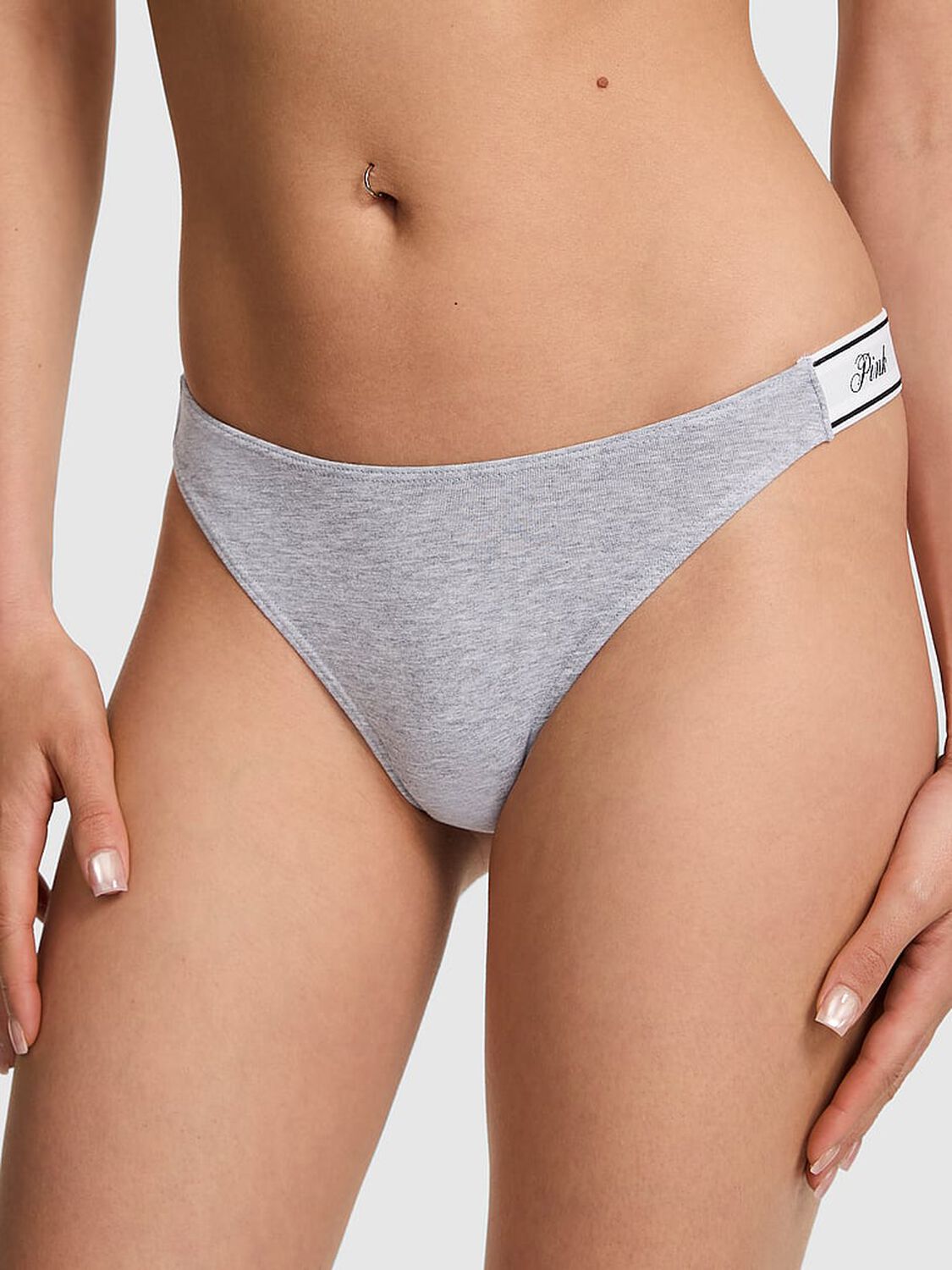 pink Pink Logo Cotton Shine High-Leg Thong Panty Medium Heather Grey 1 of 3 