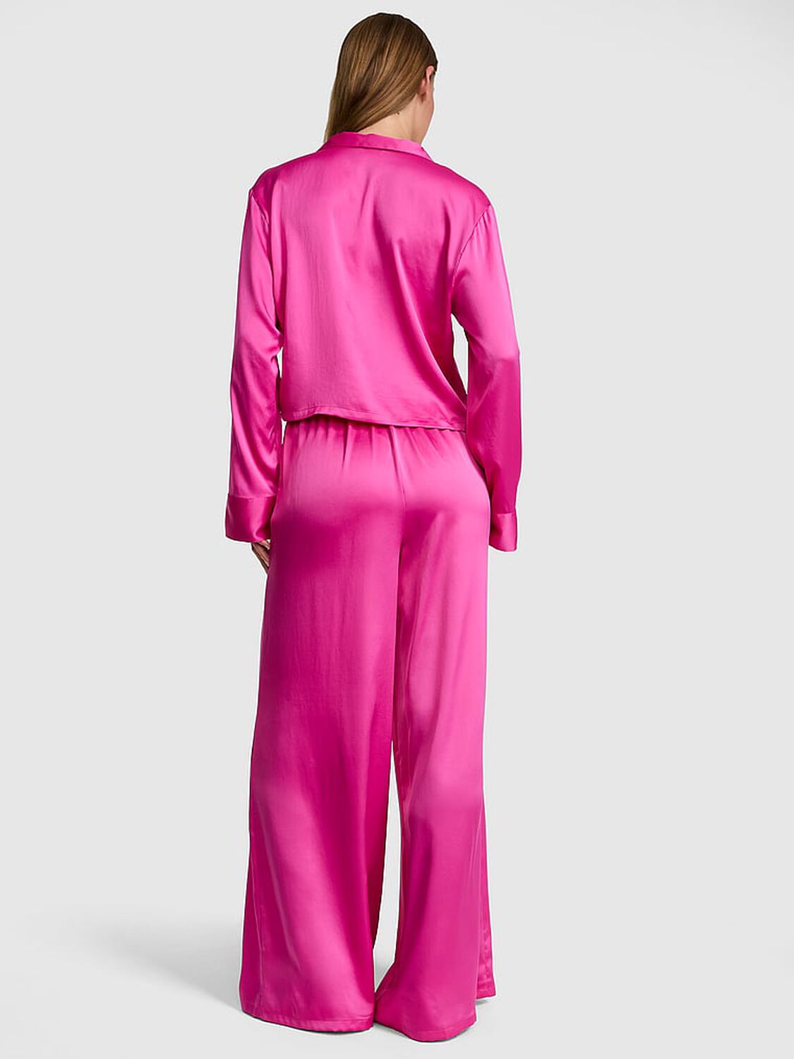vs Pink GRWPINK&trade; Satin Flyaway Long-Sleeve & Pants Pajama Set Pink Fire 2 of 3 