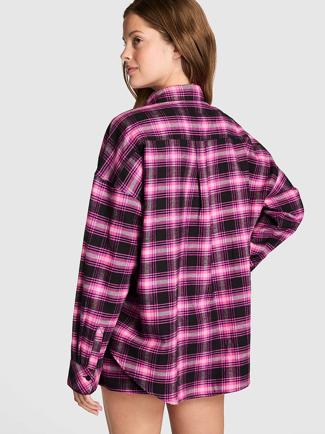 vs Pink 100% Cotton Favorite Flannel Button-Down Sleepshirt Black And Pink Fire Plaid 2 of 4 