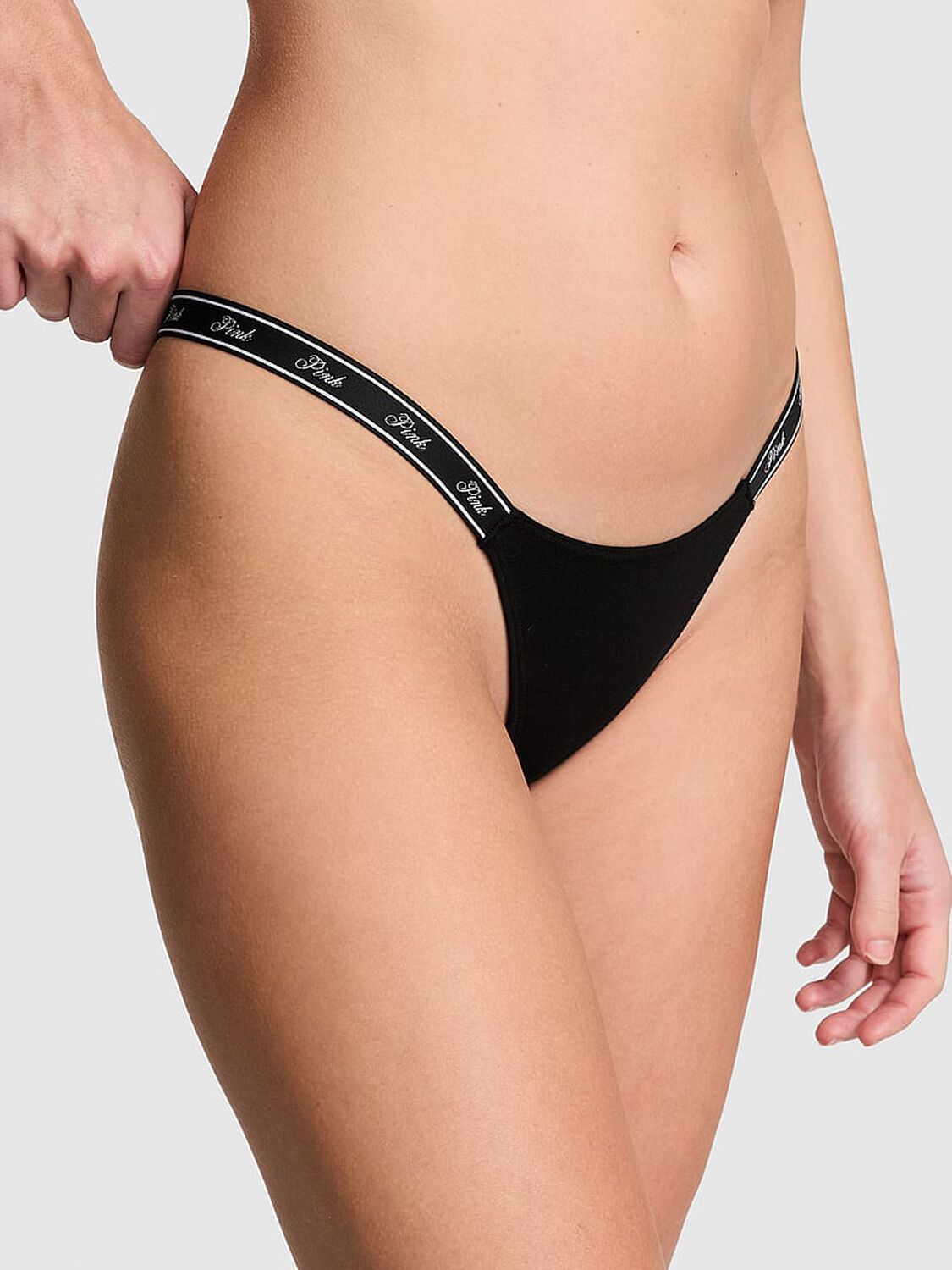pink Pink Logo Cotton High-Leg Micro Thong Panty Pure Black 1 of 3 