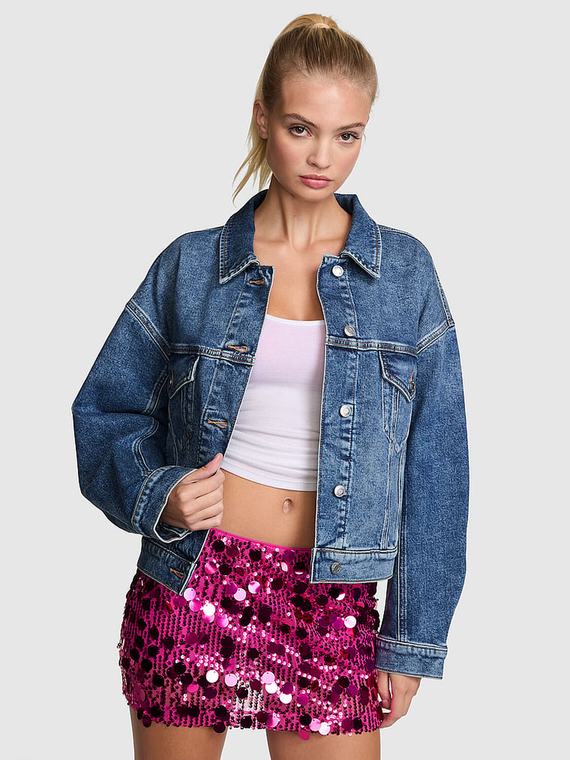 vs Pink Denim by PINK Boyfriend Trucker Jacket Medium Wash 1 of 2 