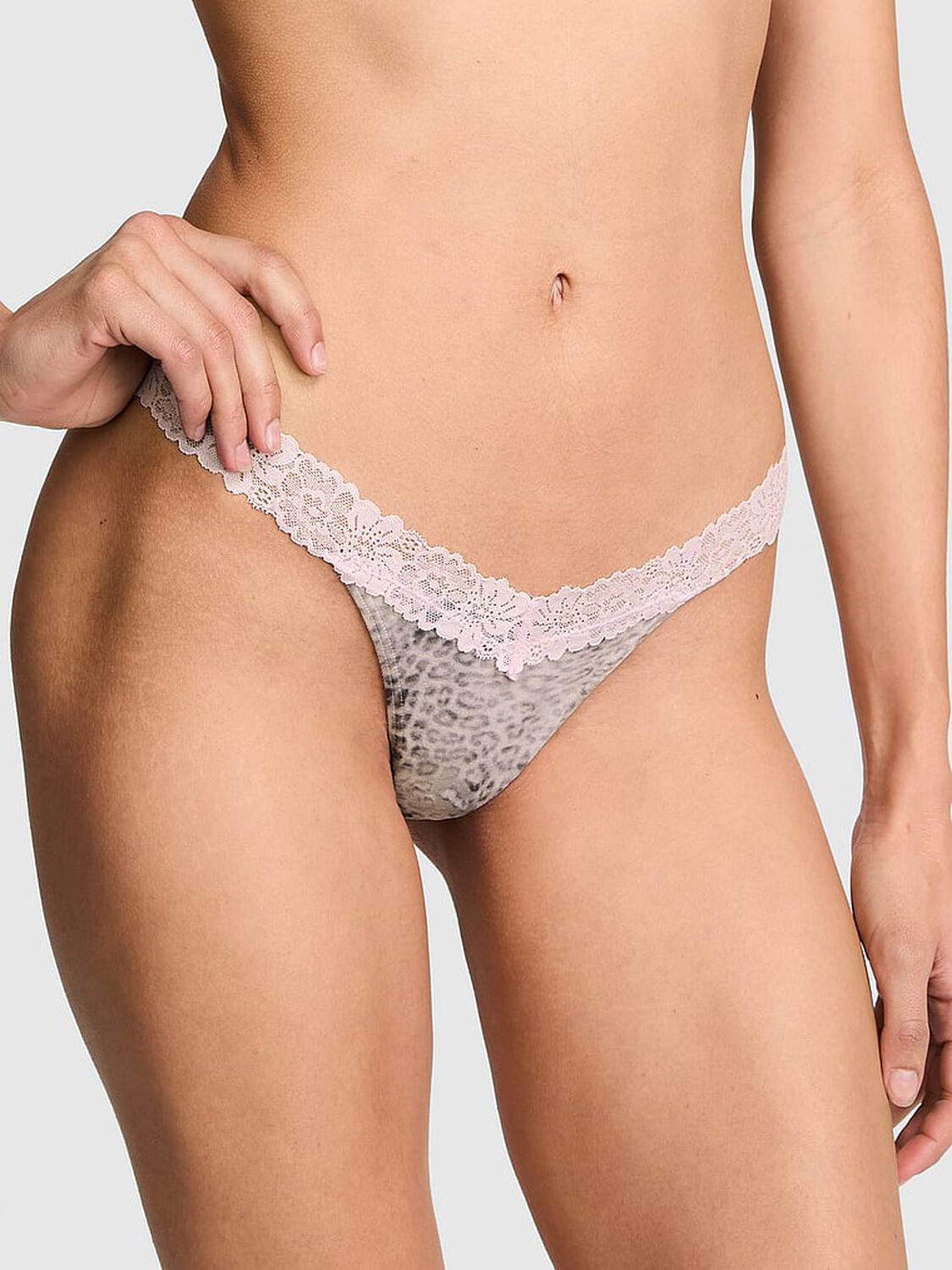 pink Pink Cotton Lace-Trim Thong Panty Natural Leo Print With Pink Tulip Lace 1 of 3 
