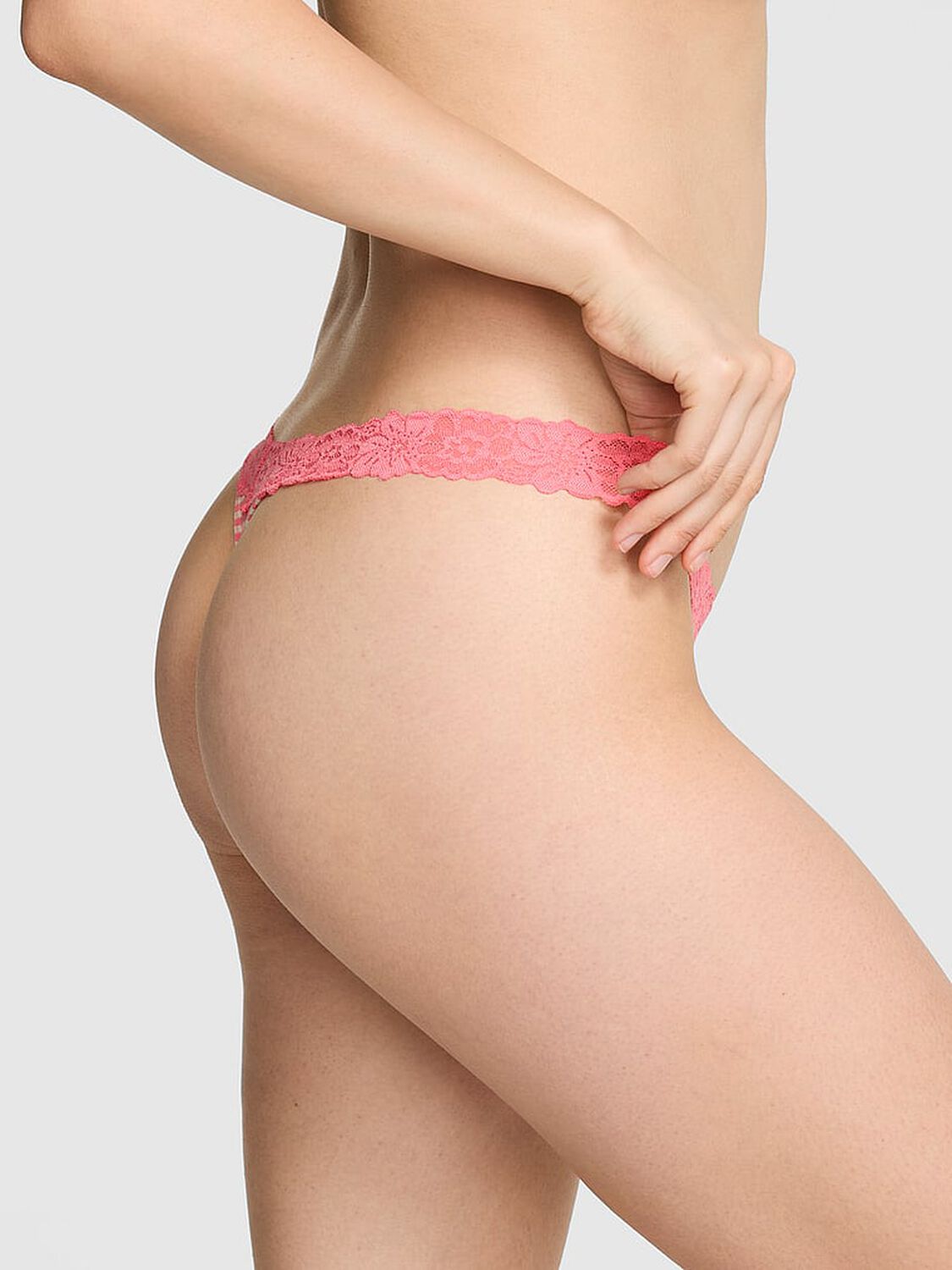 pink Pink Cotton Lace-Trim Thong Panty Heather Frosted Coral Stripe Print 2 of 3 