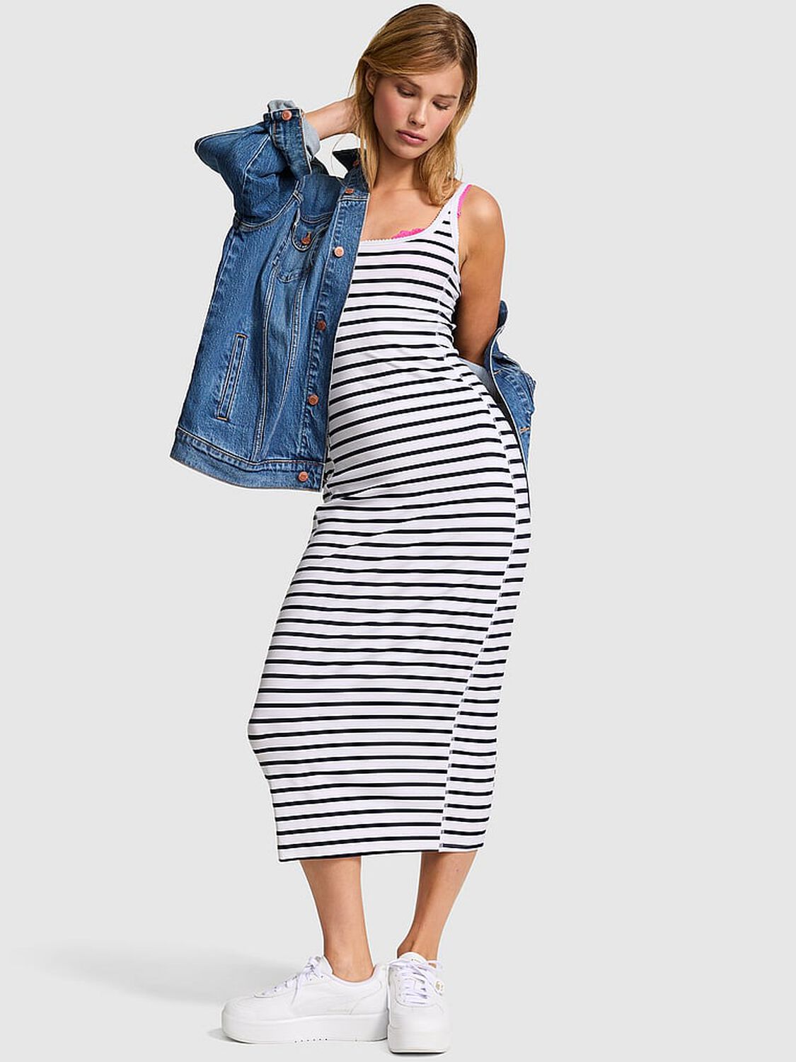 pink Pink All-Day Soft Rib High-Neck Midi Dress Navy & White Stripe 1 of 4 
