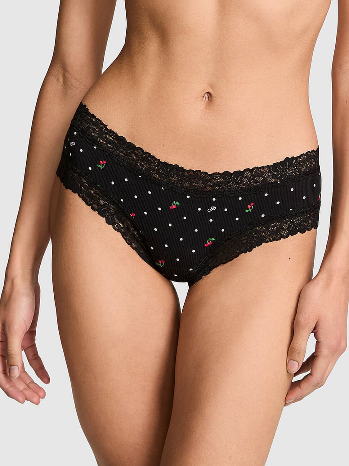 pink Pink PINK Wink&trade; Lace-Trim Cheeky Panty Black Cherry Dot Print 1 of 3 