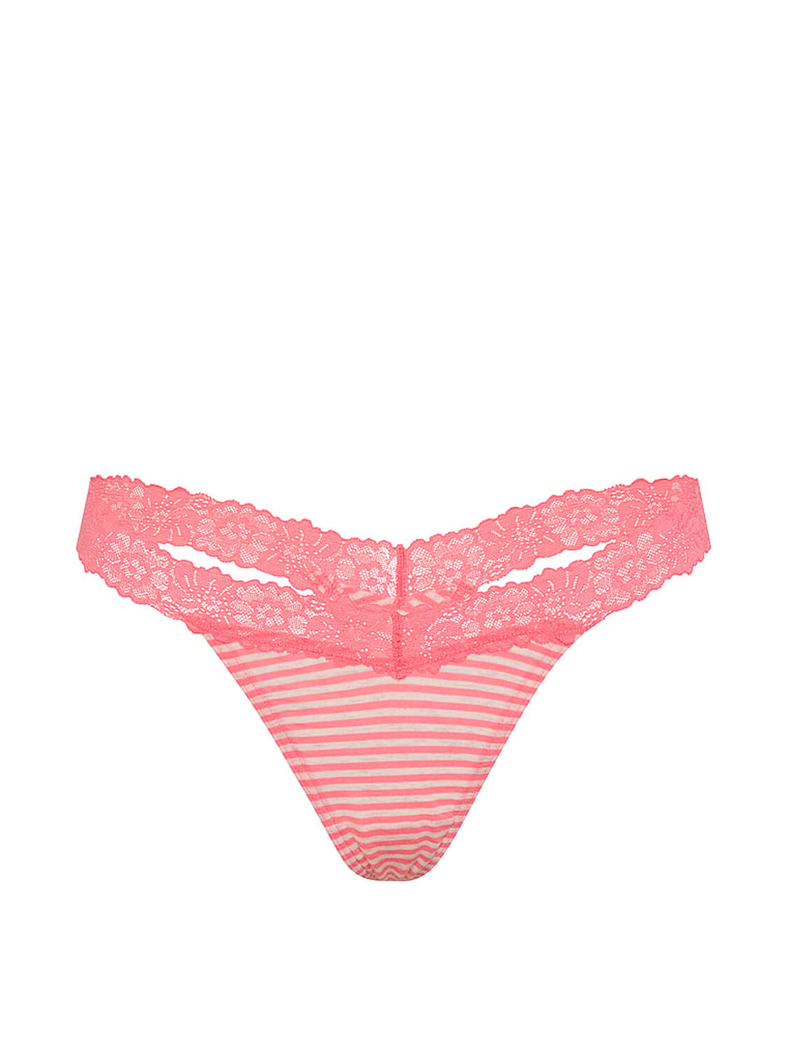 pink Pink Cotton Lace-Trim Thong Panty Heather Frosted Coral Stripe Print 3 of 3 