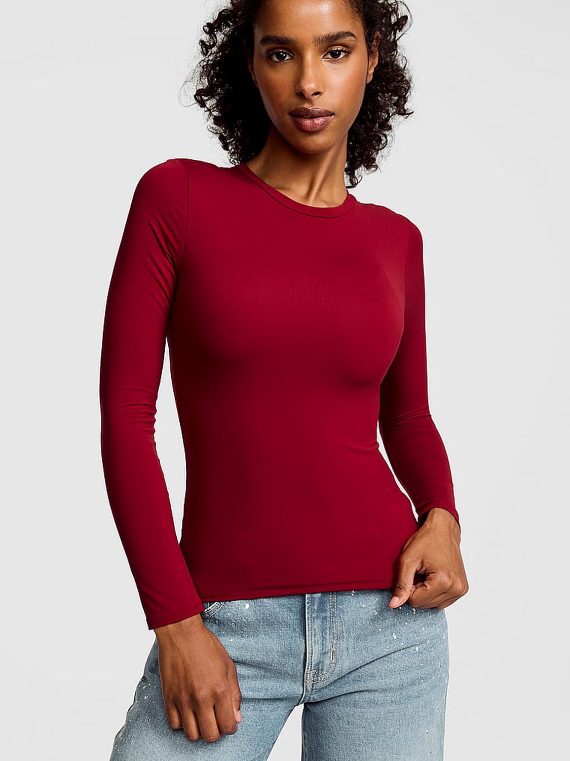 pink Pink PINK Base Stretch&trade; Long-Sleeve Tee Red Lacquer 1 of 3 