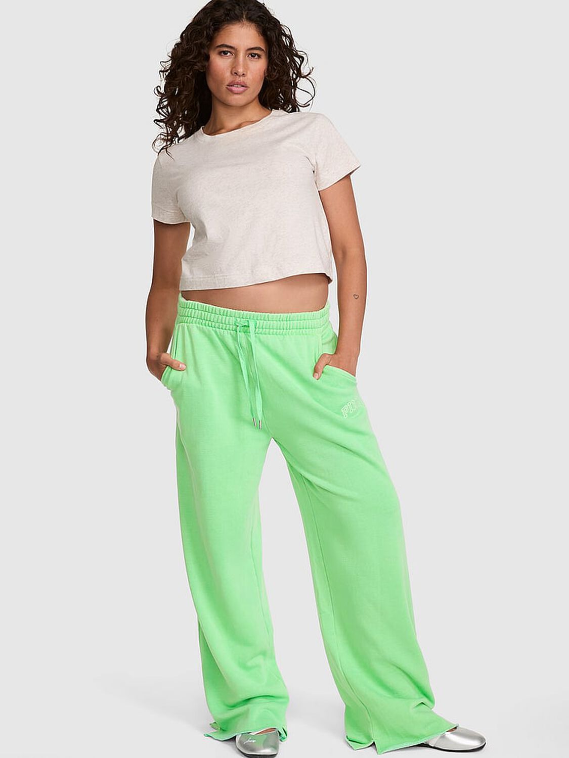 pink Pink Campus Fleece&trade; Wide-Leg Split-Hem Sweatpants Graphic Green 1 of 2 