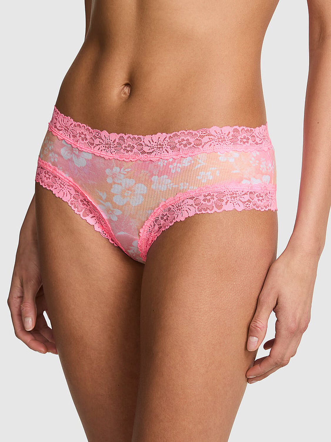pink Pink PINK Wink&trade; Lace-Trim Cheeky Panty Rose Chiffon Hibiscus Floral Print 1 of 3 