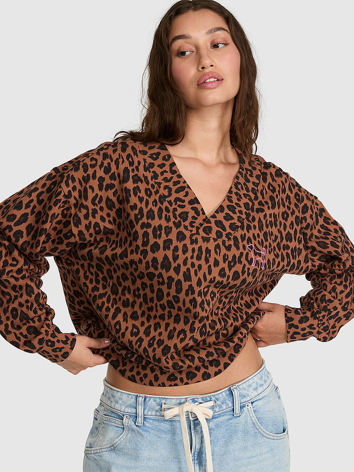vs Pink Campus Fleece&trade; V-Neck Sweatshirt Leopard 1 of 3 