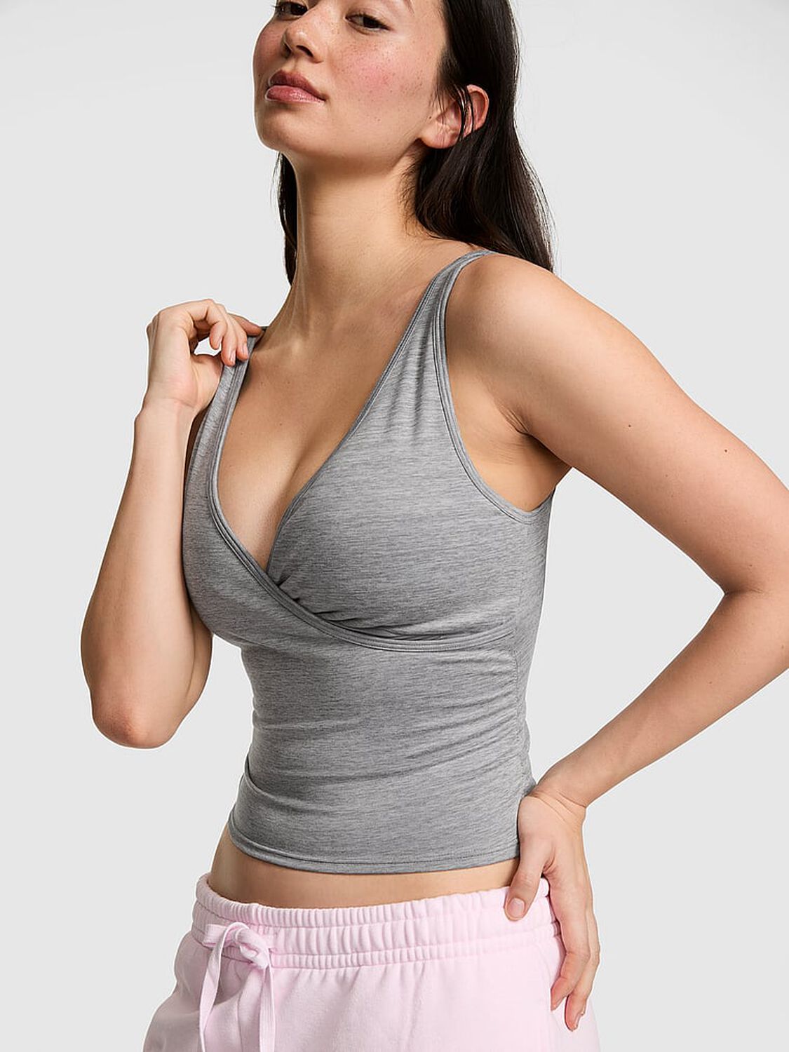 pink Pink PINK Relay&trade; Ruched Wrap Bra Tank Night Owl Grey Marl 1 of 3 
