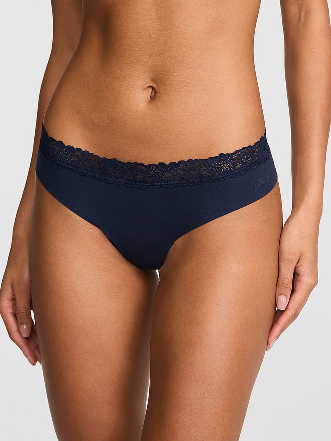 vs Pink No-Show Cotton Thong Panty Noir Navy 1 of 3 