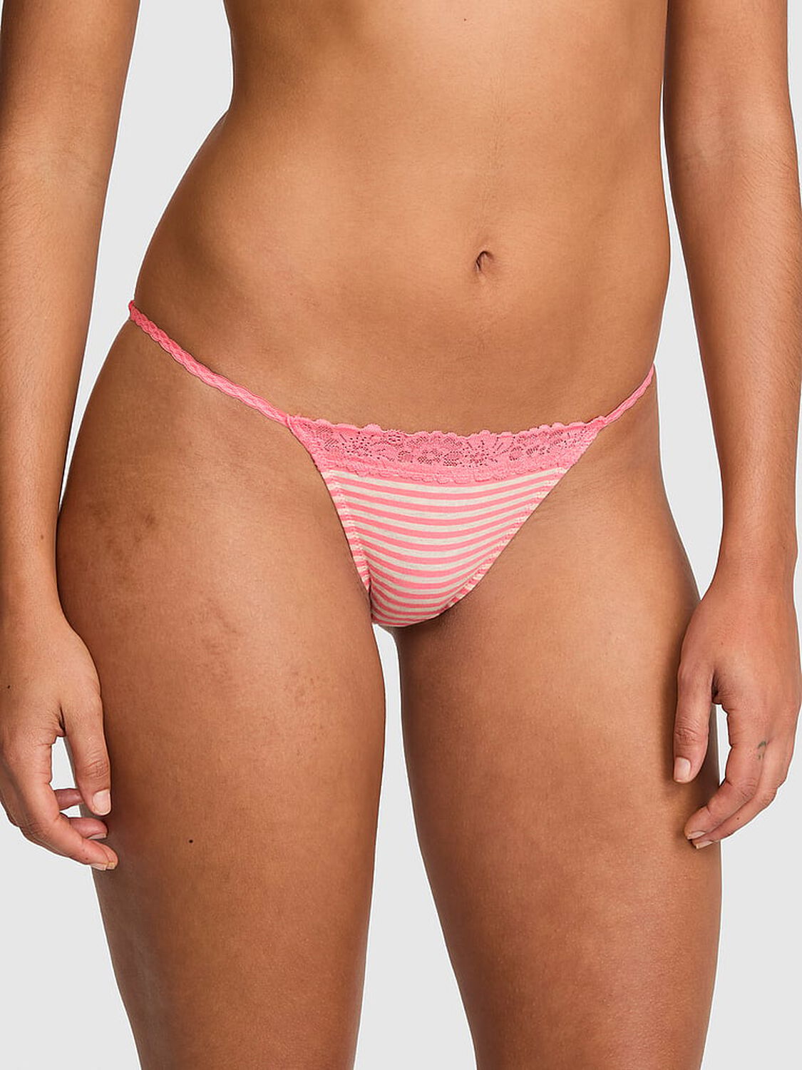 pink Pink Cotton Lace-Trim Bikini Panty Heather Frosted Coral Stripe Print 1 of 3 
