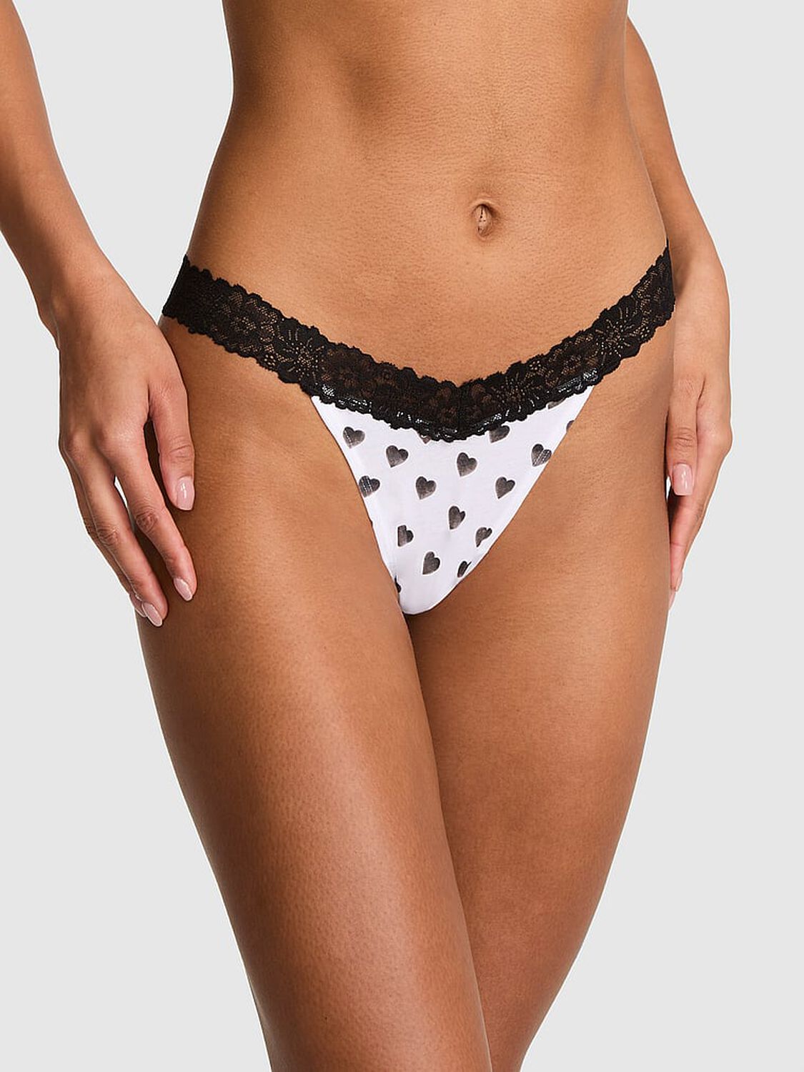 pink Pink Cotton Lace-Trim Thong Panty White Heart With Black Lace 1 of 3 
