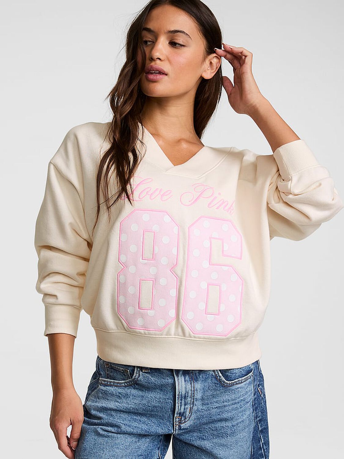 vs Pink Campus Fleece&trade; V-Neck Sweatshirt Cozy White 1 of 4 