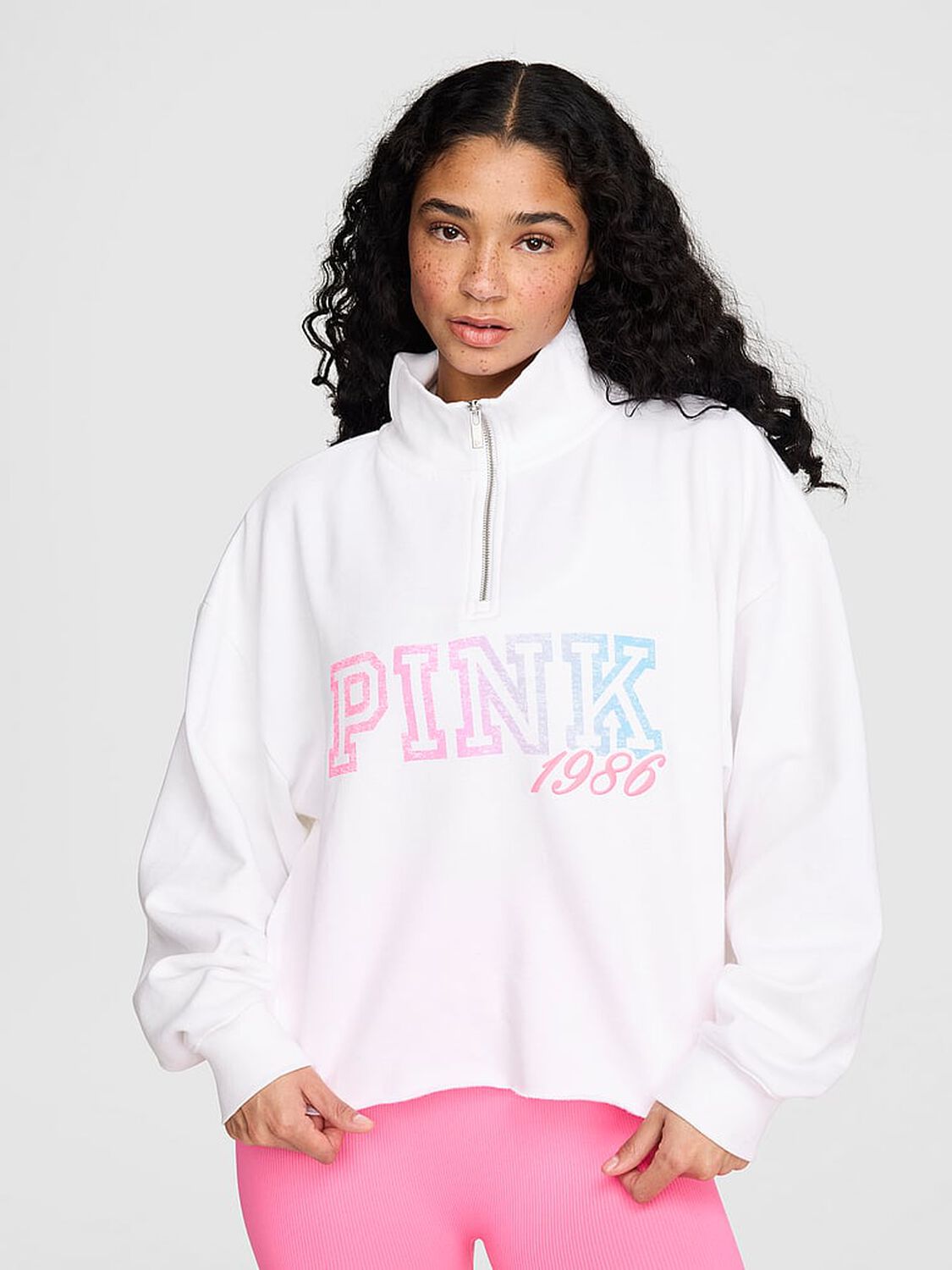 pink Pink Campus Fleece&trade; Quarter-Zip Straight-Cut Sweatshirt Vs White 1 of 4 