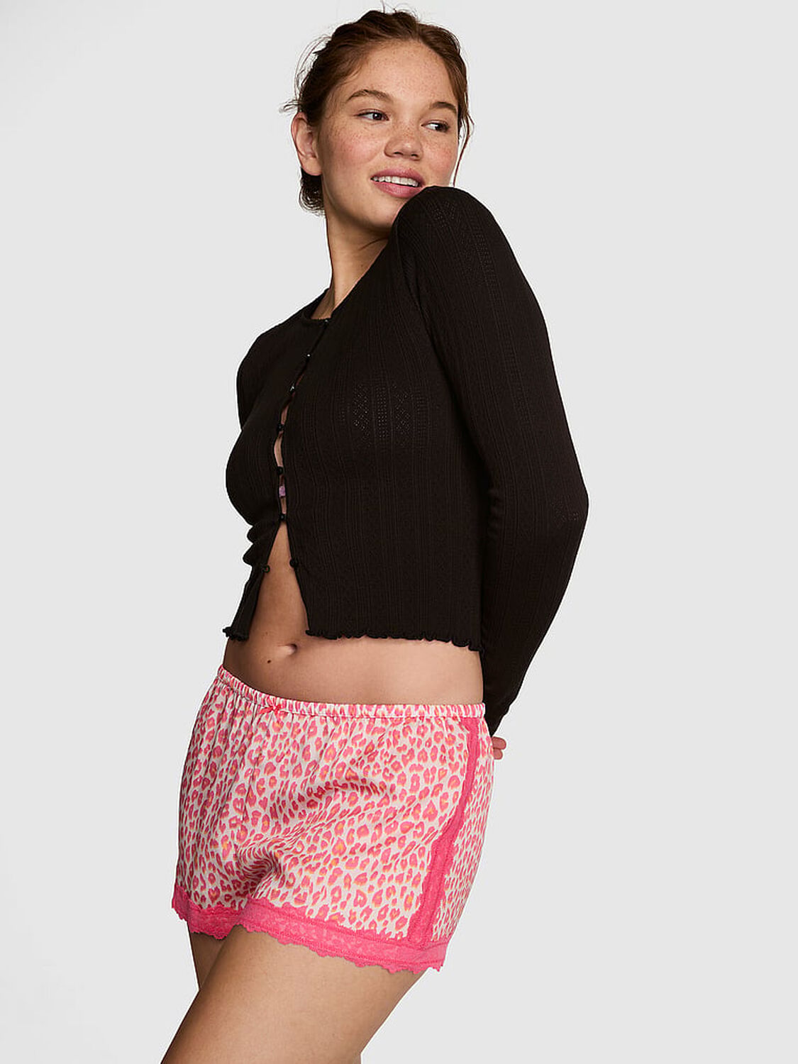 vs Pink Silky Lace-Trim Boxy Pajama Shorts Pink Tulip & Orange Leopard Print 1 of 3 