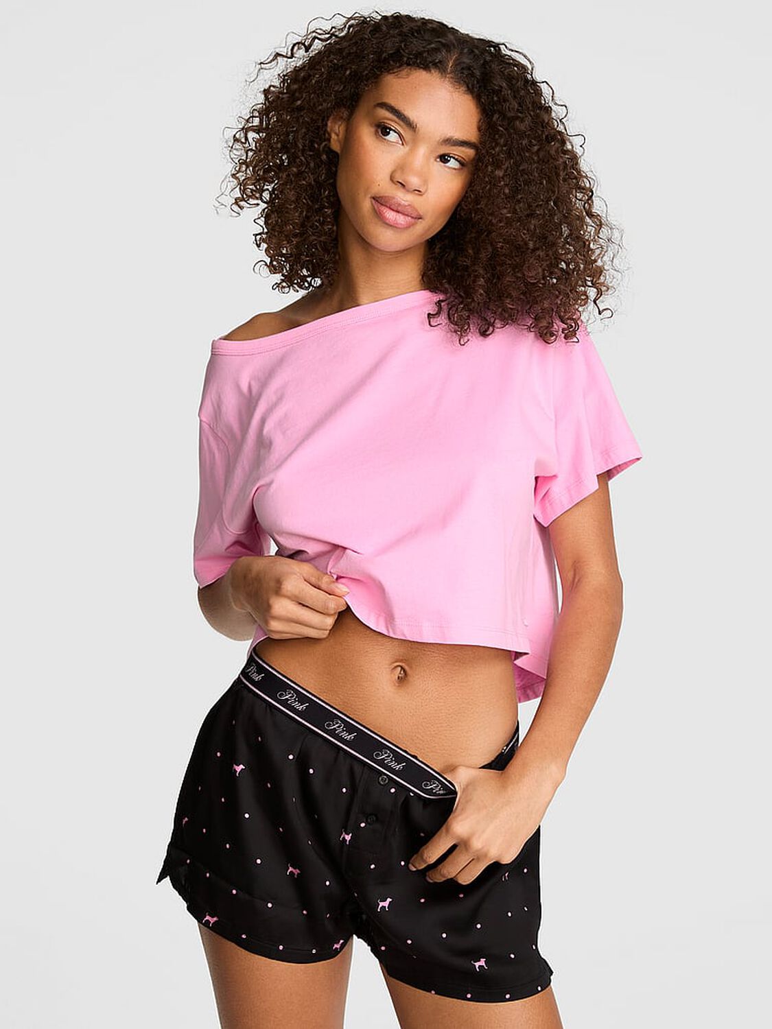 pink Pink Silky Sleep Boxy Pajama Shorts Black With Pink Dot & Dog 1 of 3 