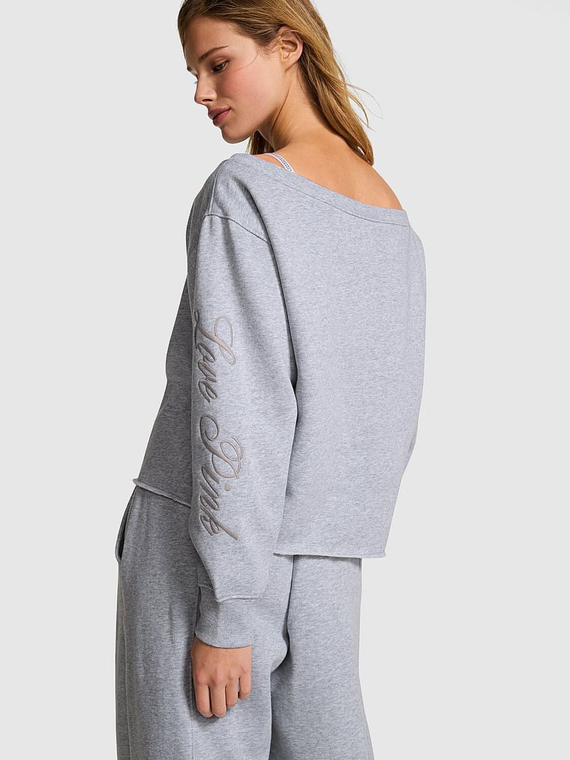 pink Pink Campus Fleece&trade; Rib Off-The-Shoulder Sweatshirt Medium Heather Grey Spring 2 of 3 