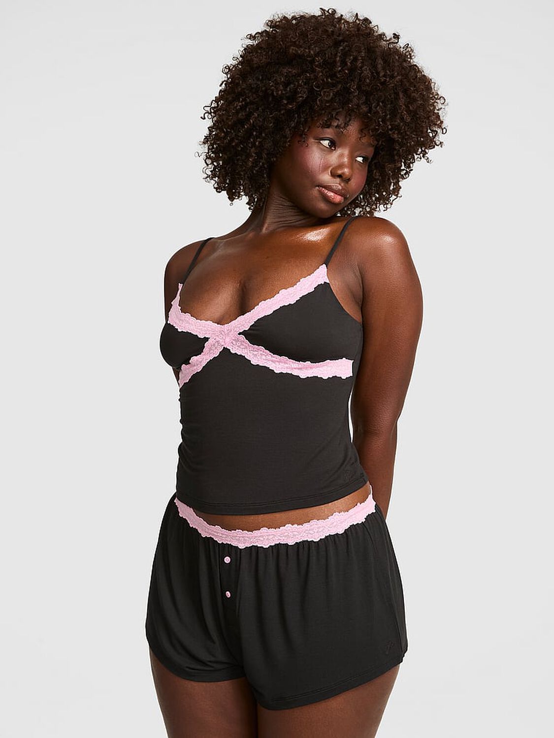 vs Pink Modal Lace-Trim Micro Shorts Black 1 of 3 