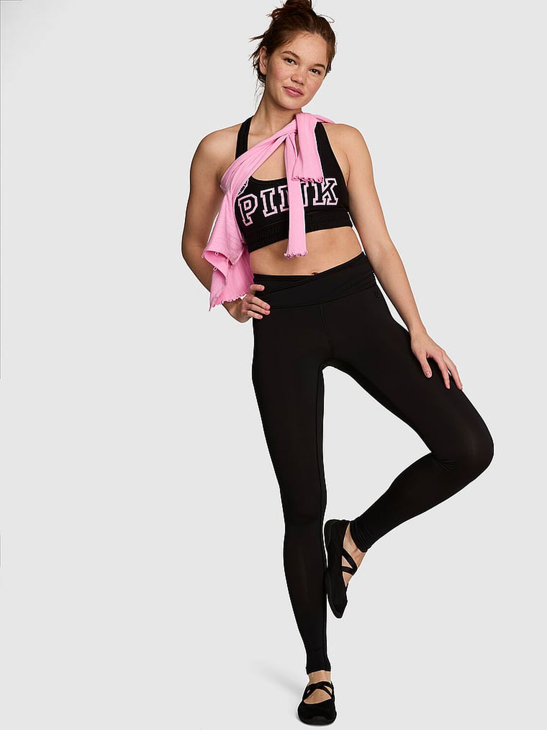 vs Pink PINK Relay&trade; Overlap-Band Leggings Black 1 of 3 