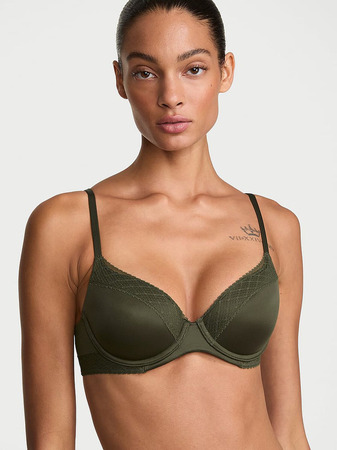 vs Body By Victoria Lace-Trim Lightly Lined Demi Bra Olive 1 of 3 