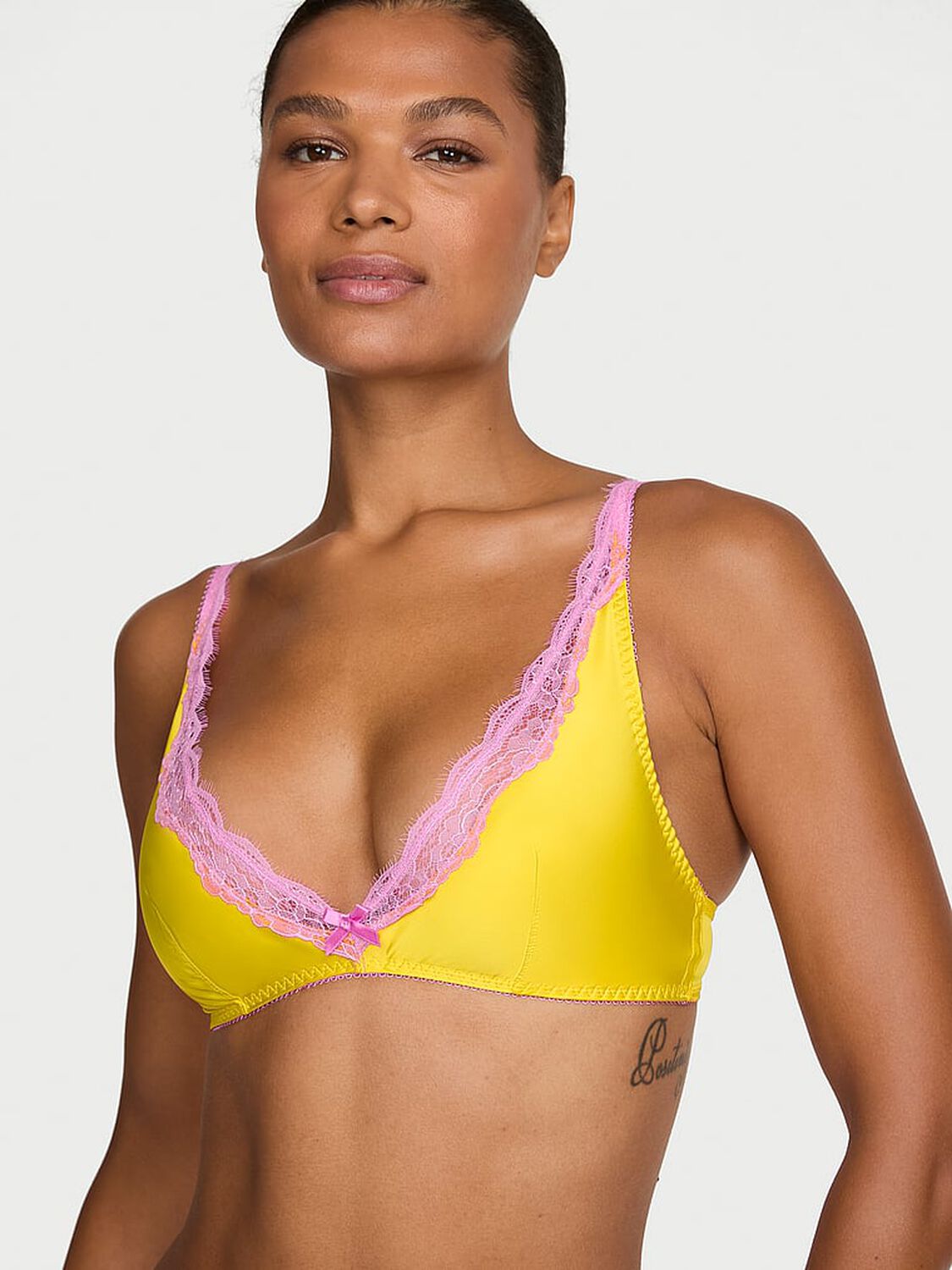 vs Victoria's Secret Tease Satin Lace-Trim Wireless Plunge Bra Star Fruit 1 of 2 
