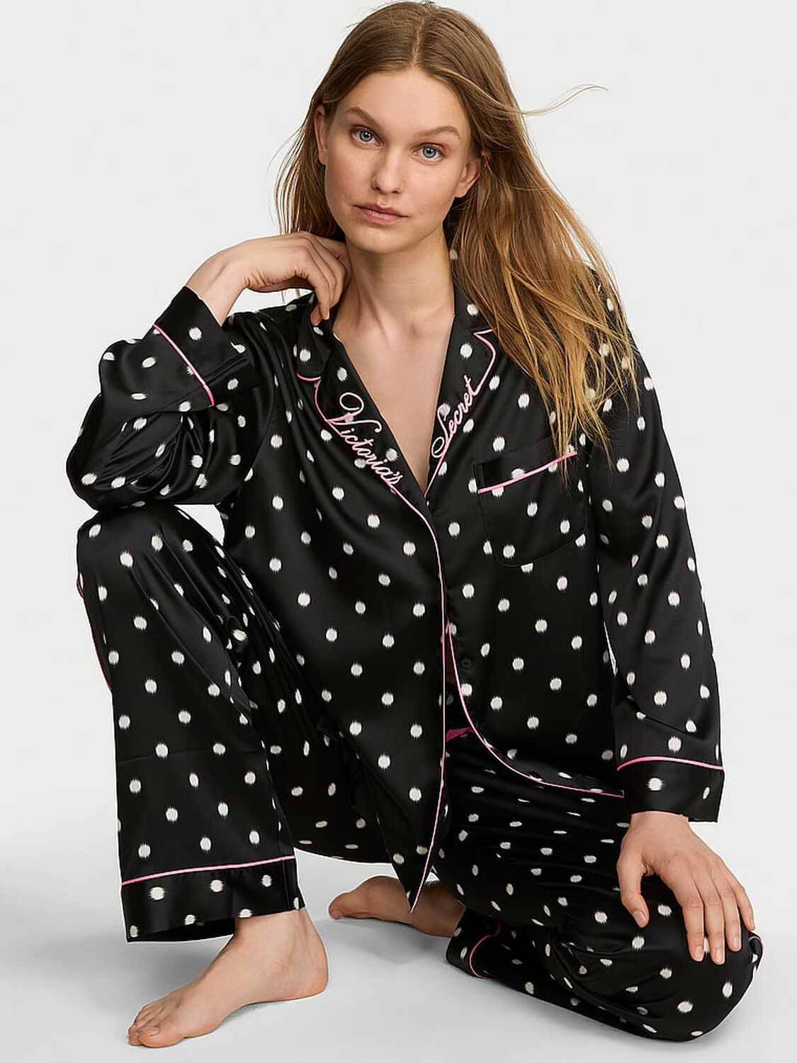 vs Victoria's Secret Signature Satin Long Pajama Set Black Dot 1 of 3 