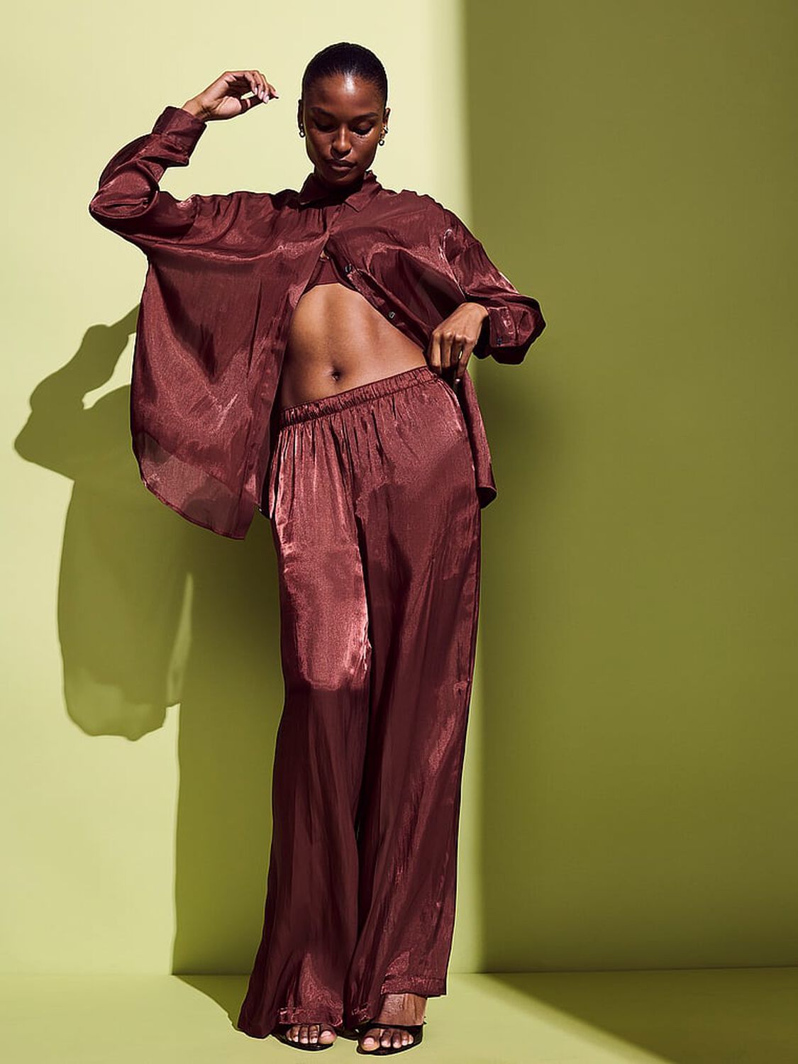 vs Victoria's Secret Luxe Sheer Satin Button-Front Shirt Cherrywood 4 of 4 