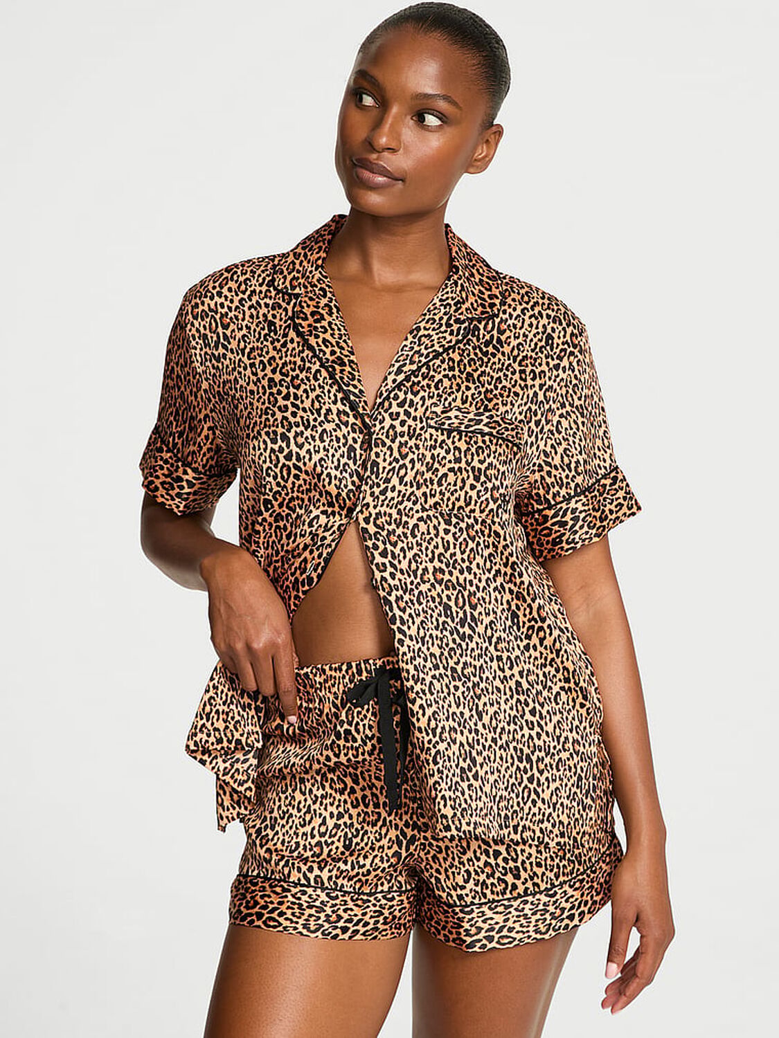 vs Victoria's Secret Glazed Satin Short Pajama Set Marzipan Leopard 4 of 4 