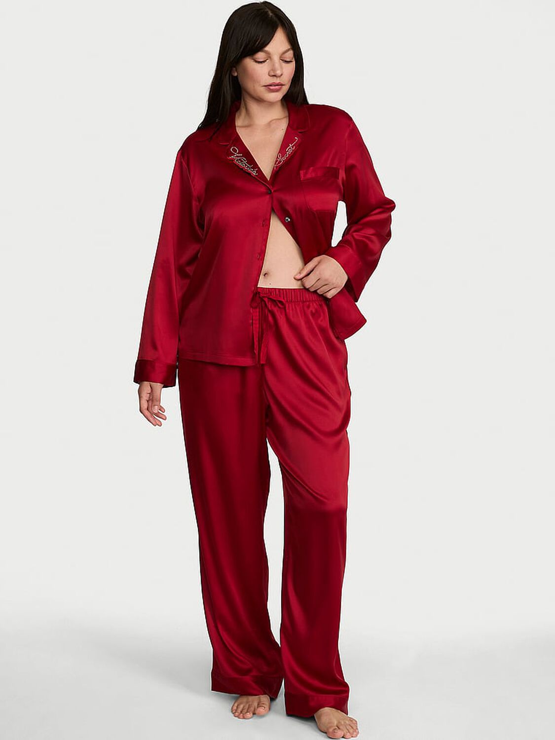 vs Victoria's Secret Signature Satin Long Pajama Set Red Lacquer 1 of 3 