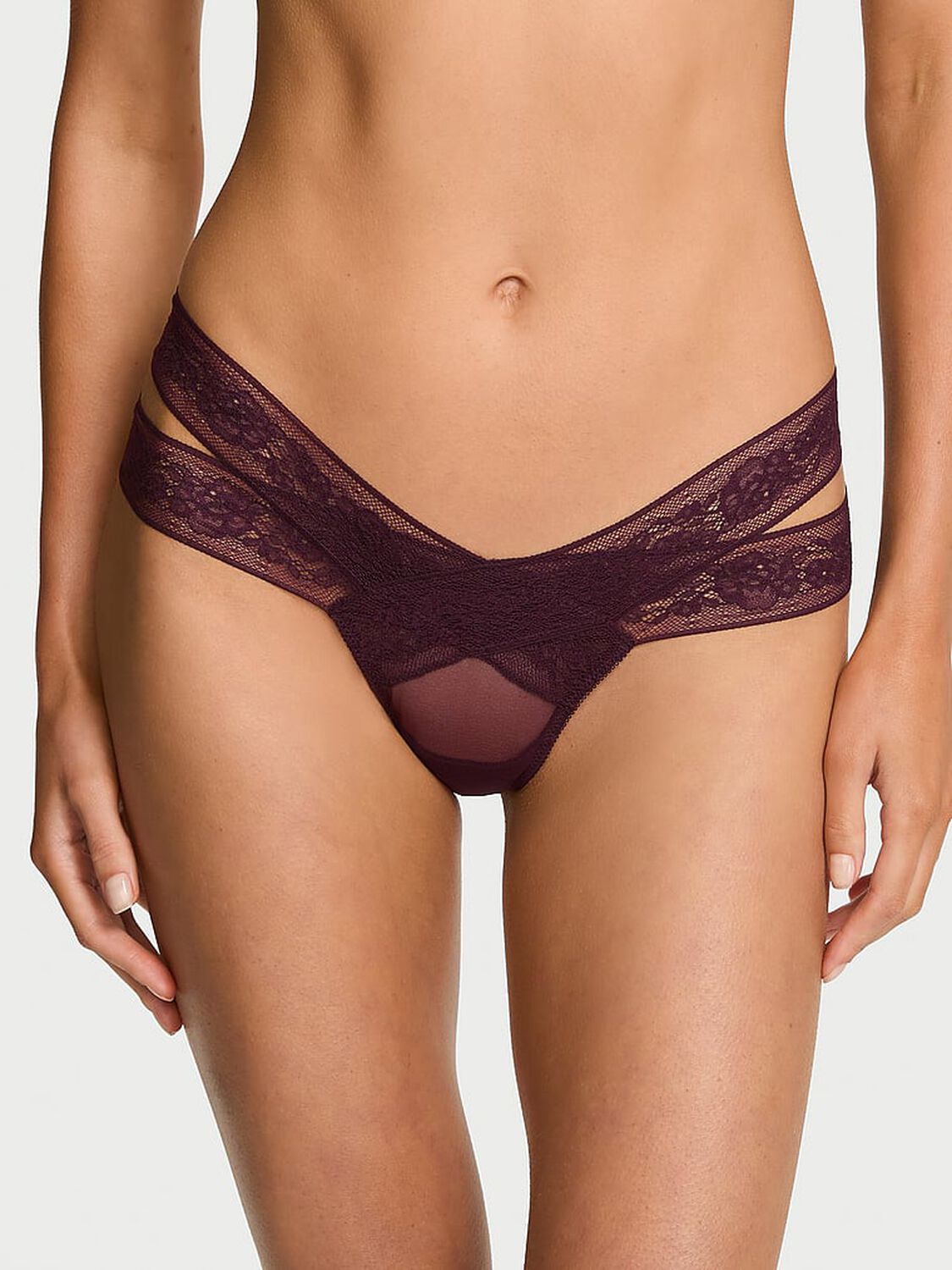vs Very Sexy Rose Lace Strappy Cut-Out Thong Panty Winter Wine 1 of 2 