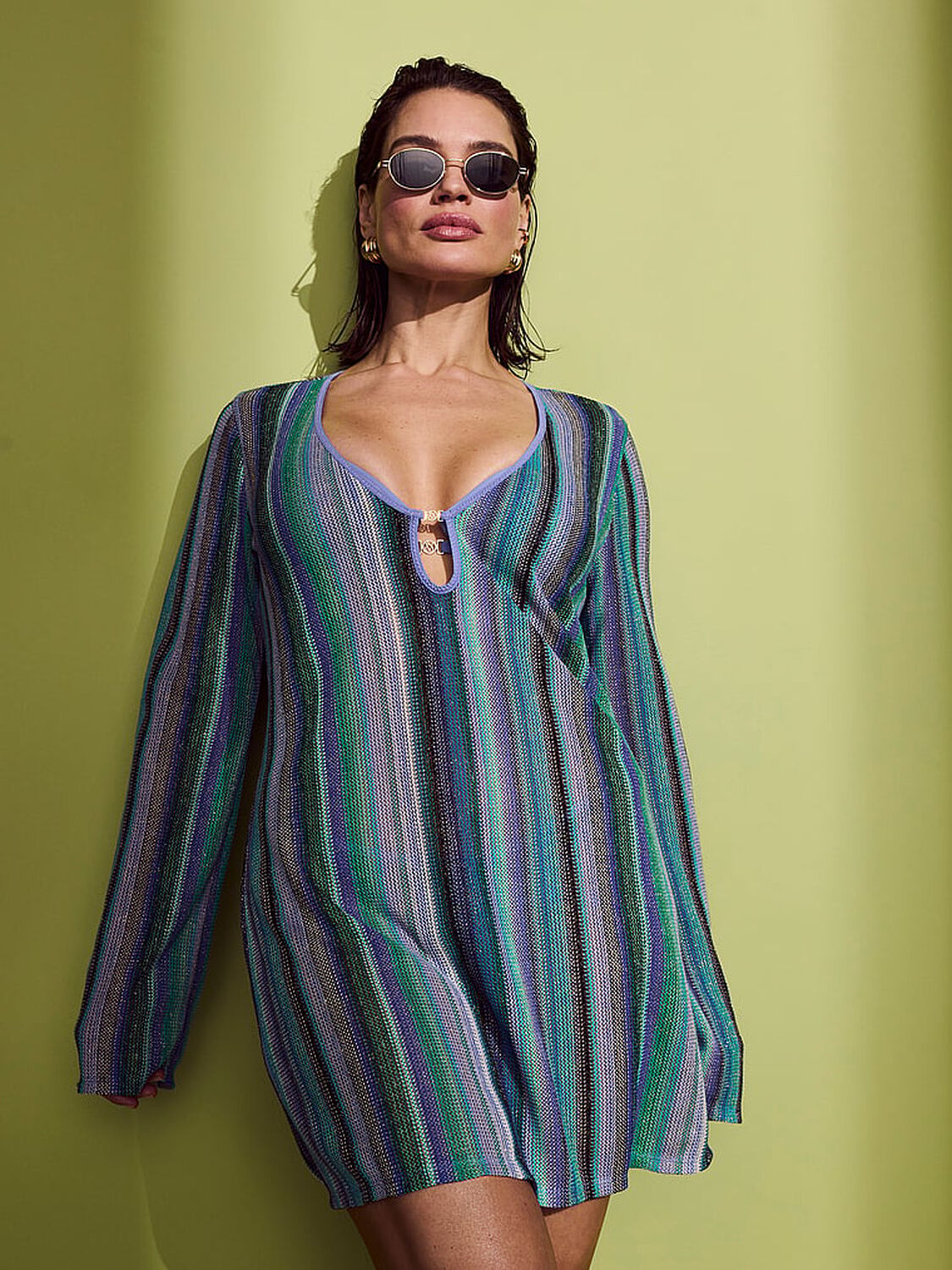 vs Victoria's Secret Swim Beachwear Shimmer Knit Long-Sleeve Mini Dress Periwinkle Shimmer Stripes 4 of 4 