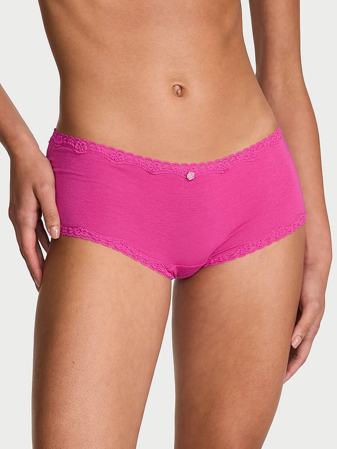 vs Lace Trim Cotton Lace-Trim Boyshort Panty Pink Fire 1 of 2 