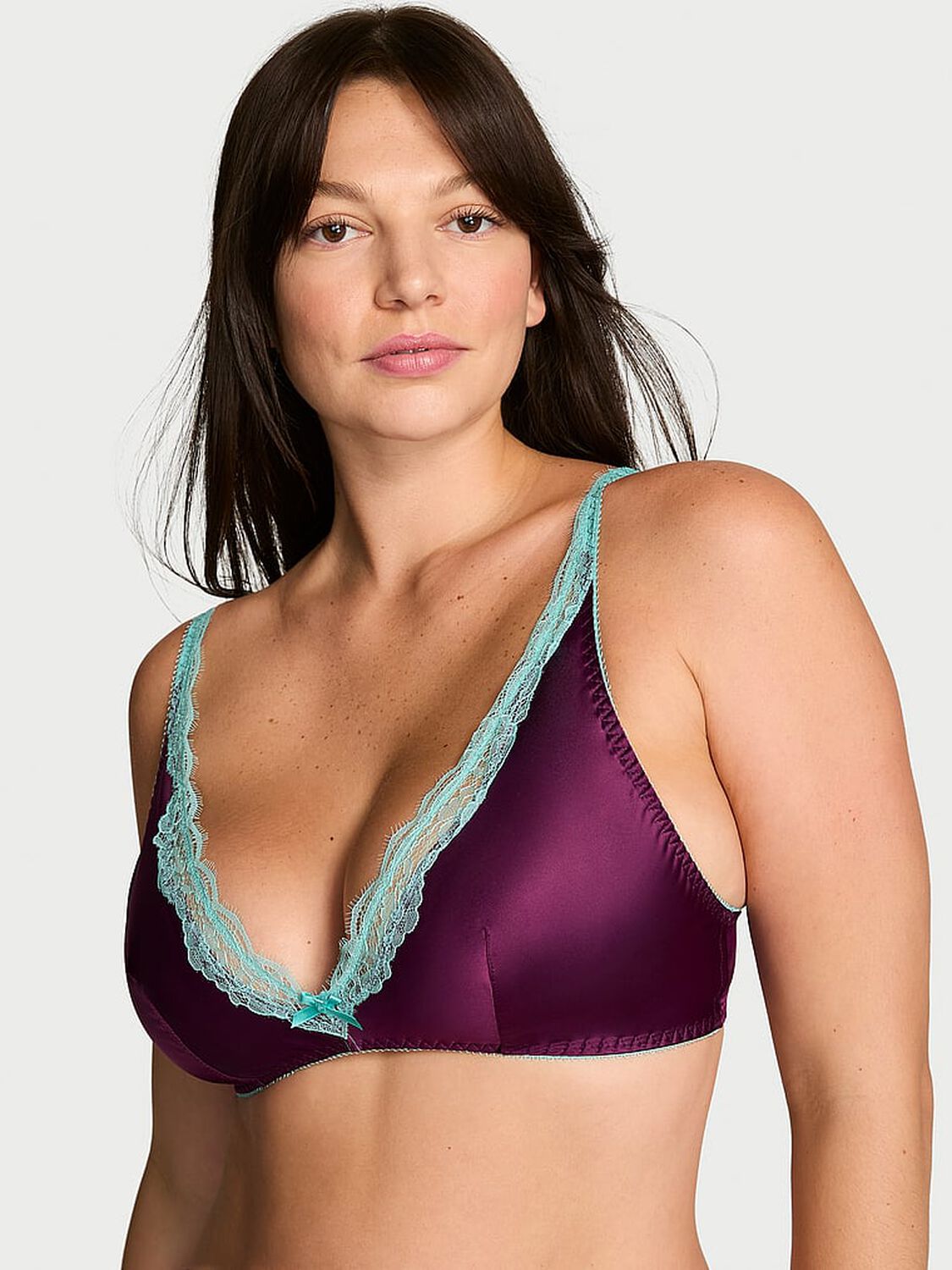 vs Victoria's Secret Tease Satin Lace-Trim Wireless Plunge Bra Party On 1 of 2 