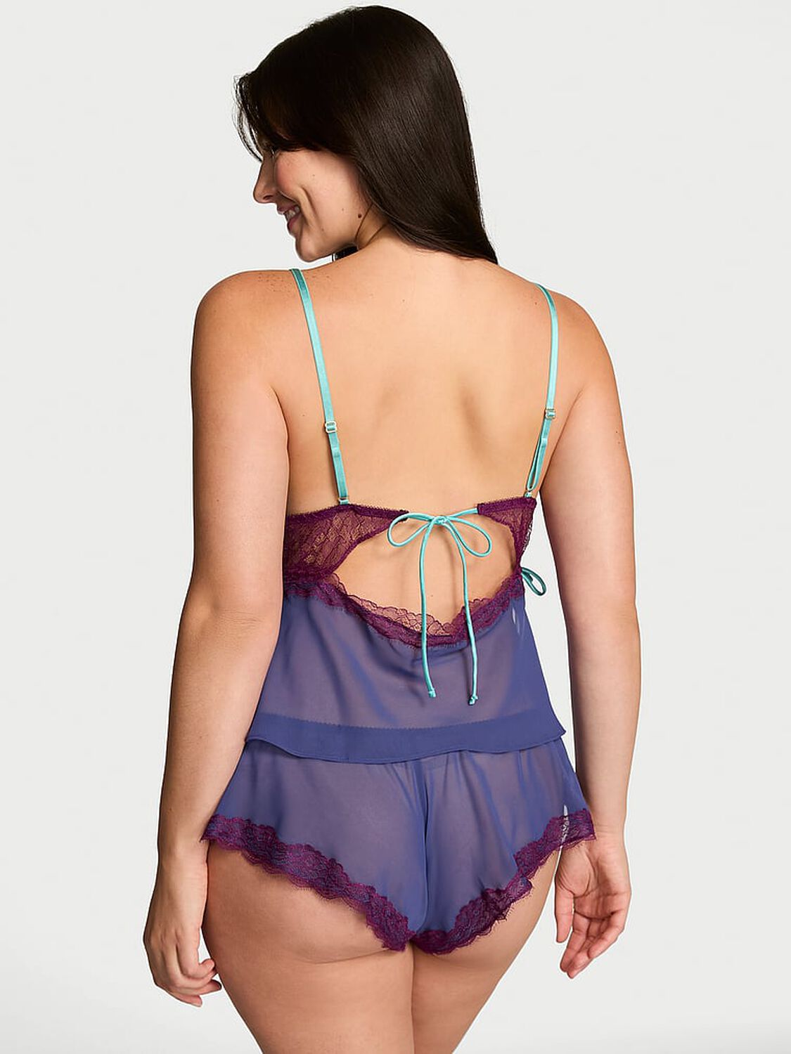 vs Victoria's Secret Tease Chiffon Lace-Trim Cami Set Irresistible Indigo 2 of 3 