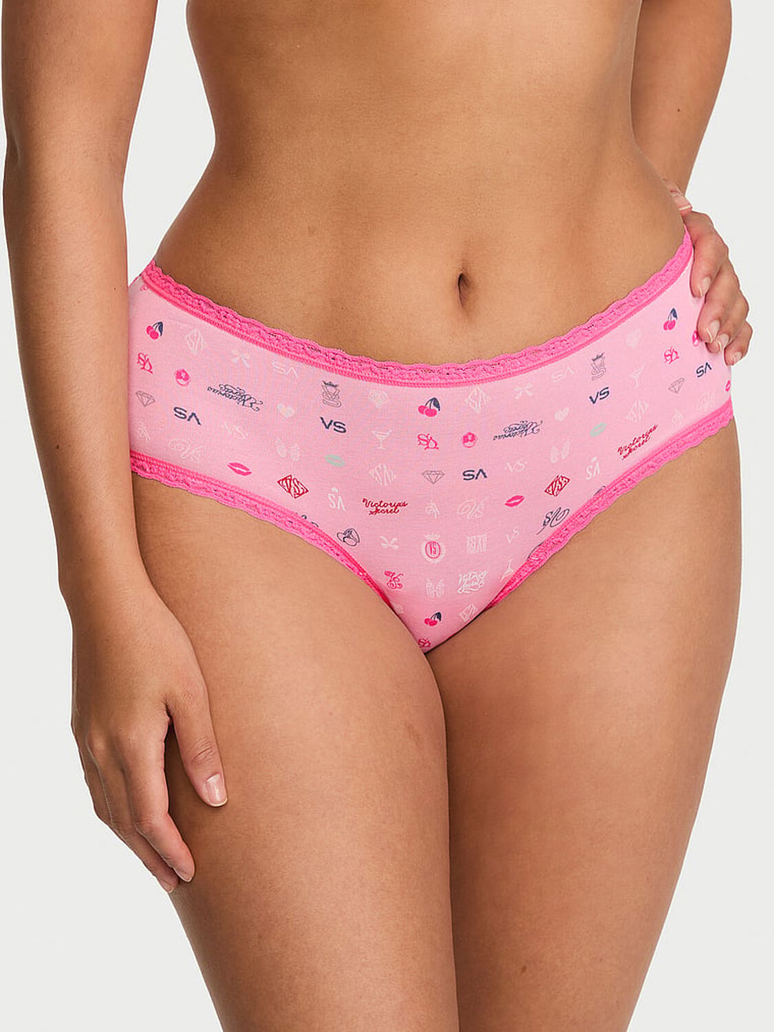 vs Lace Trim Cotton Lace-Waist Cheeky Panty Victoria Pink Mixed Icons 1 of 2 