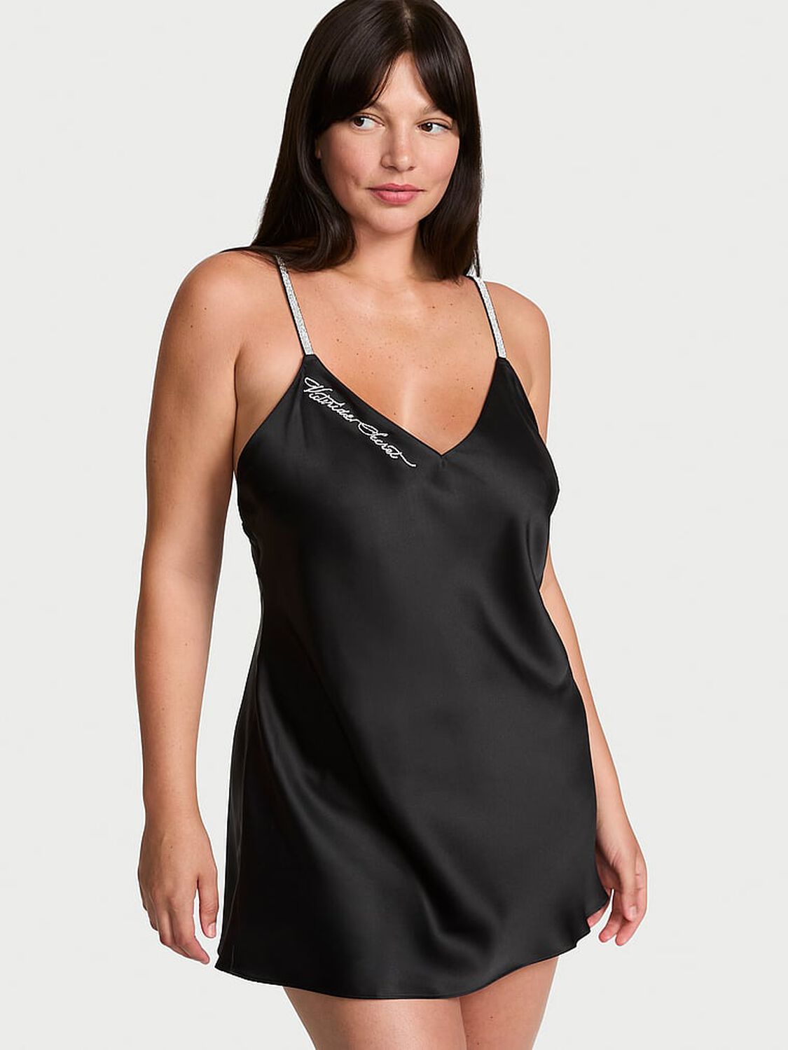 vs Very Sexy Shine Script Satin Mini Slip Dress Black 1 of 3 
