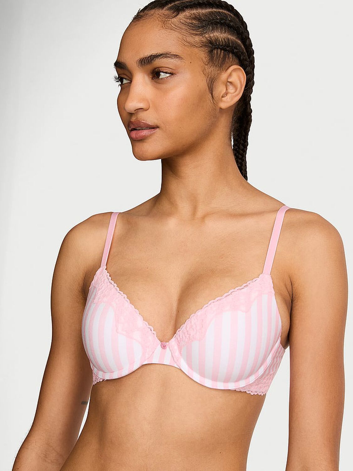vs The T-Shirt Cotton Lace-Trim Lightly Lined Demi Bra Pink Stripes 1 of 3 