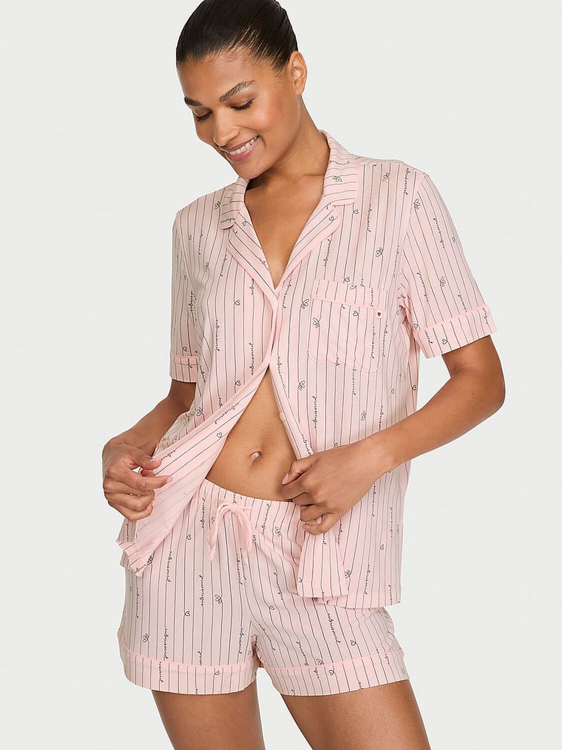 vs Victoria's Secret SoSoft&trade; Modal Short Pajama Set Pink Heart Stripe 1 of 3 
