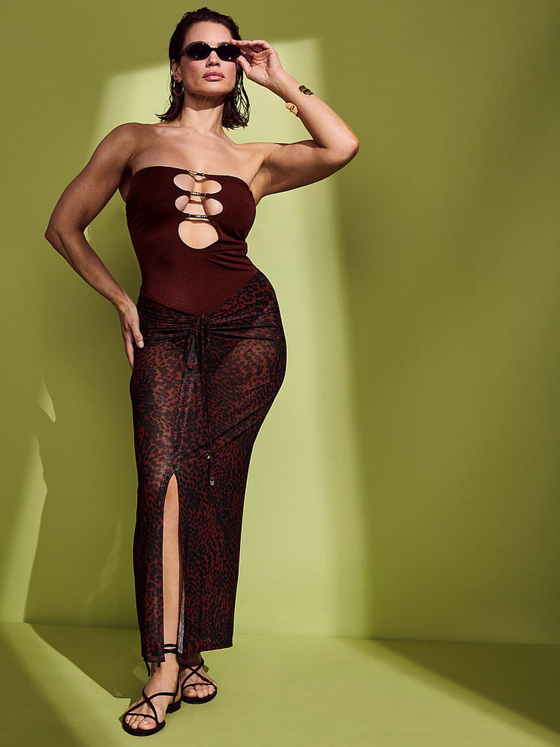 vs Victoria's Secret Swim Beachwear Mesh Cinched Maxi Skirt Dark Chili Cheetah 4 of 4 