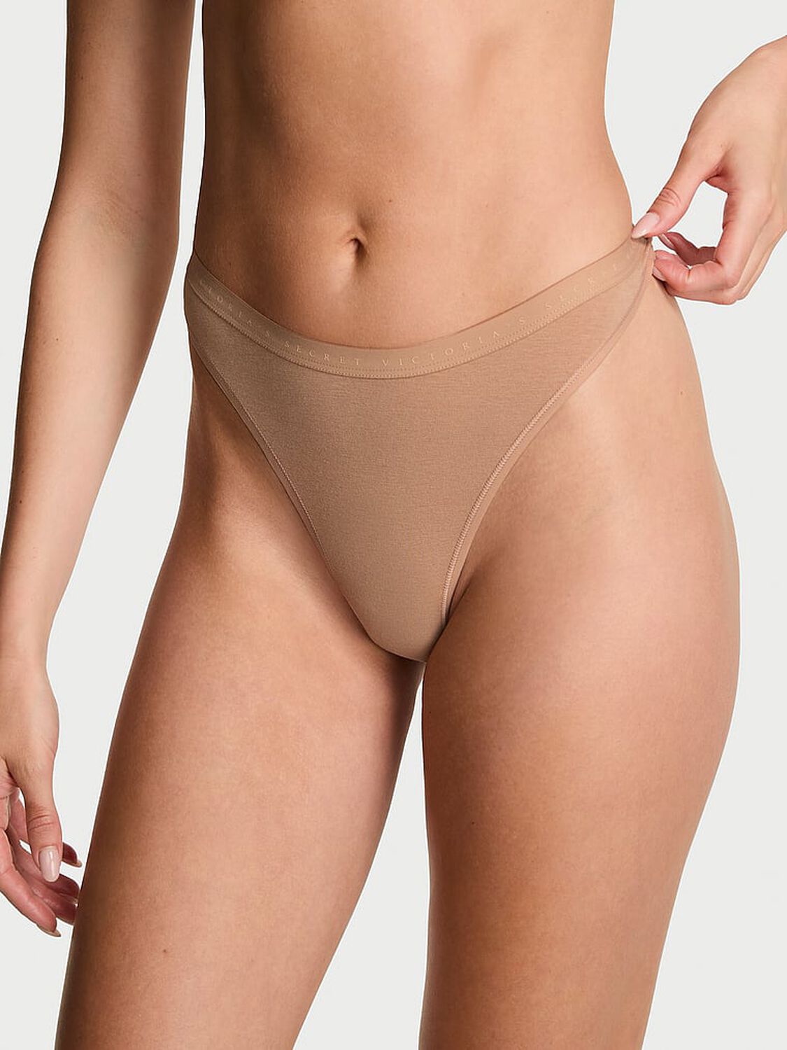 vs Victoria's Secret Stretch Cotton High-Leg Scoop Thong Panty Praline 1 of 2 