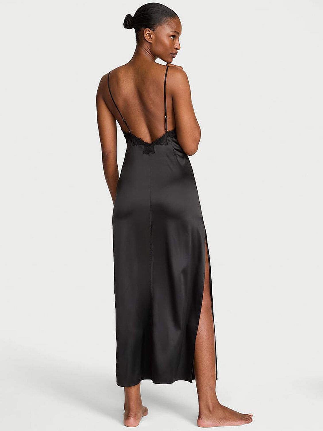 vs Very Sexy Satin Rose Lace High-Slit Maxi Slip Dress Black 2 of 2 
