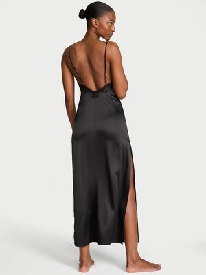 Satin Rose Lace High-Slit Maxi Slip Dress