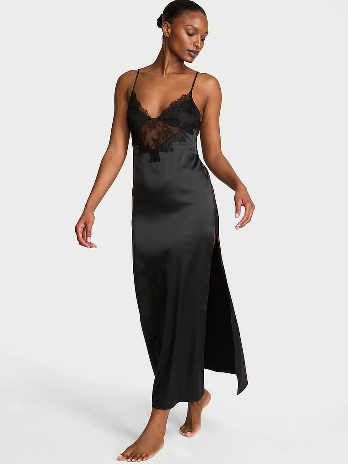 vs Very Sexy Satin Rose Lace High-Slit Maxi Slip Dress Black 1 of 2 