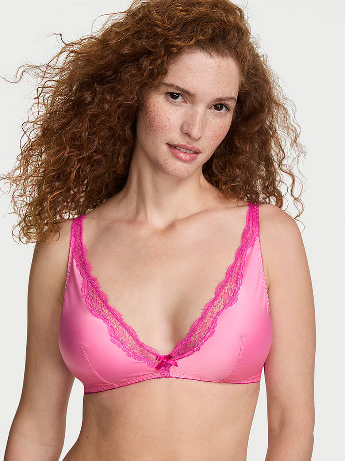 vs Victoria's Secret Tease Satin Lace-Trim Wireless Plunge Bra Sexy Little Pink 1 of 2 