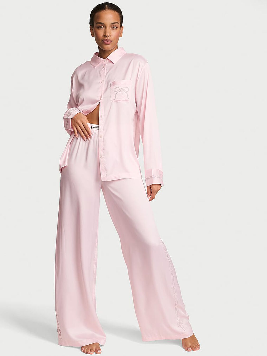 vs Victoria's Secret Signature Satin Shine Shop Long Pajama Set Angel Pink 1 of 2 