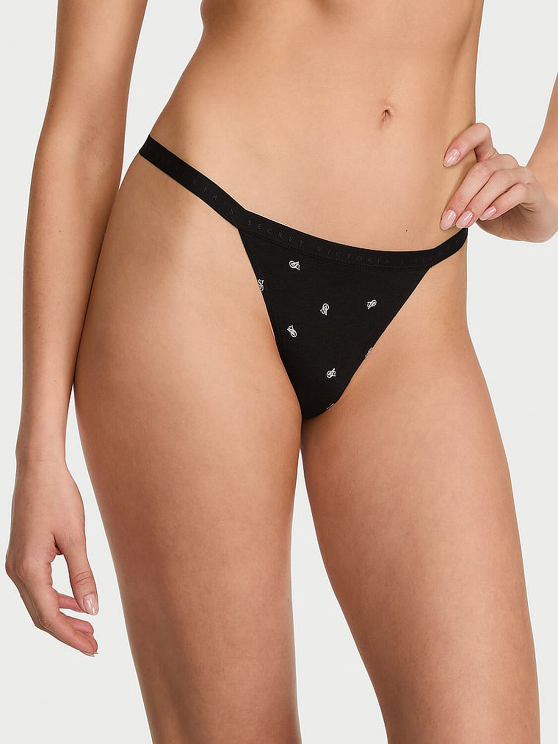 vs Victoria's Secret Stretch Cotton V-String Panty Black Small Logo 1 of 3 